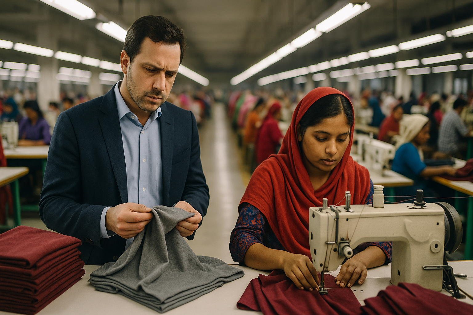 Fashion brand quality assurance in Bangladesh: Man inspecting garments, woman sewing in factory setting.