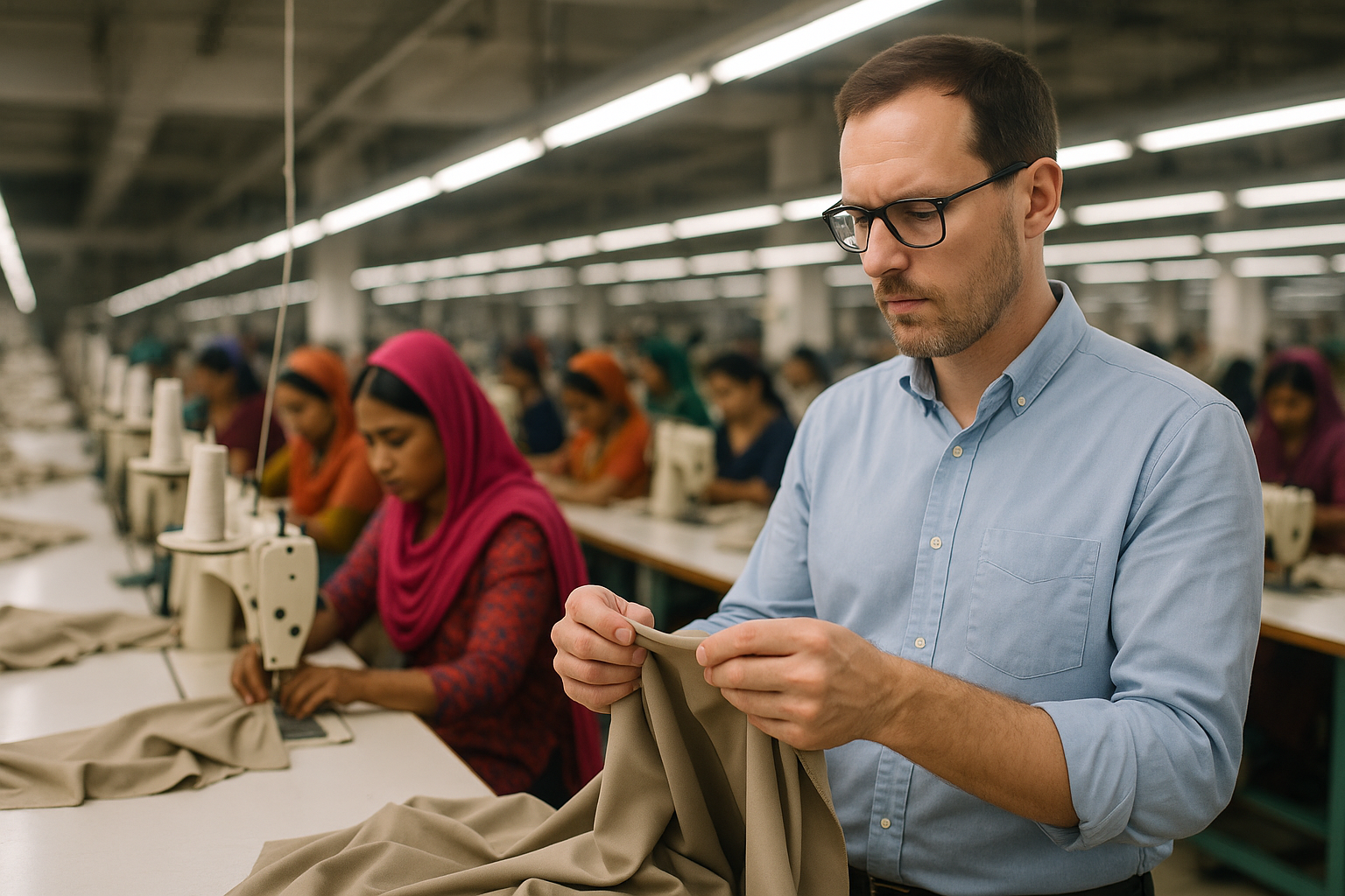 Factory worker inspecting fabric in a garment production line, ensuring quality control in textile manufacturing.