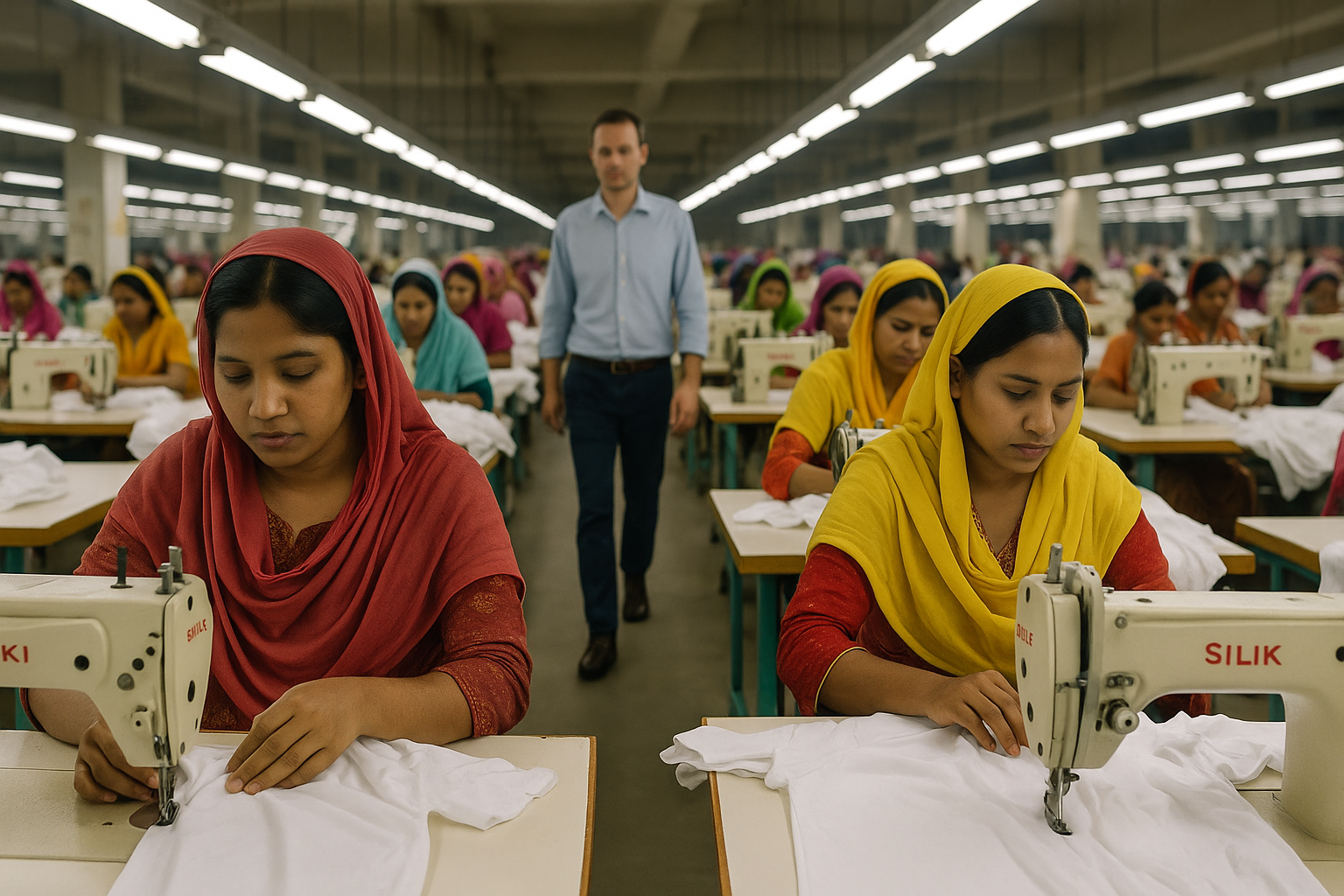 Textile workers sewing garments in a Bangladesh factory, overseen by a Western inspector, highlighting quality control.